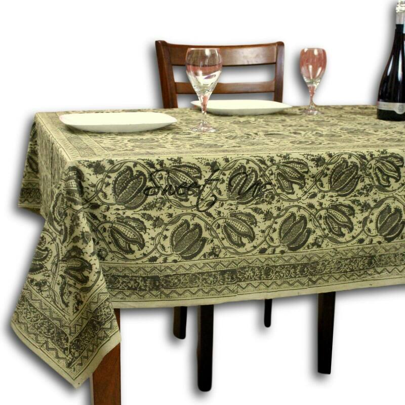 Cotton Vegetable Dye Block Print Rustic Vintage Floral Tablecloth - 88 x 104 in - Green