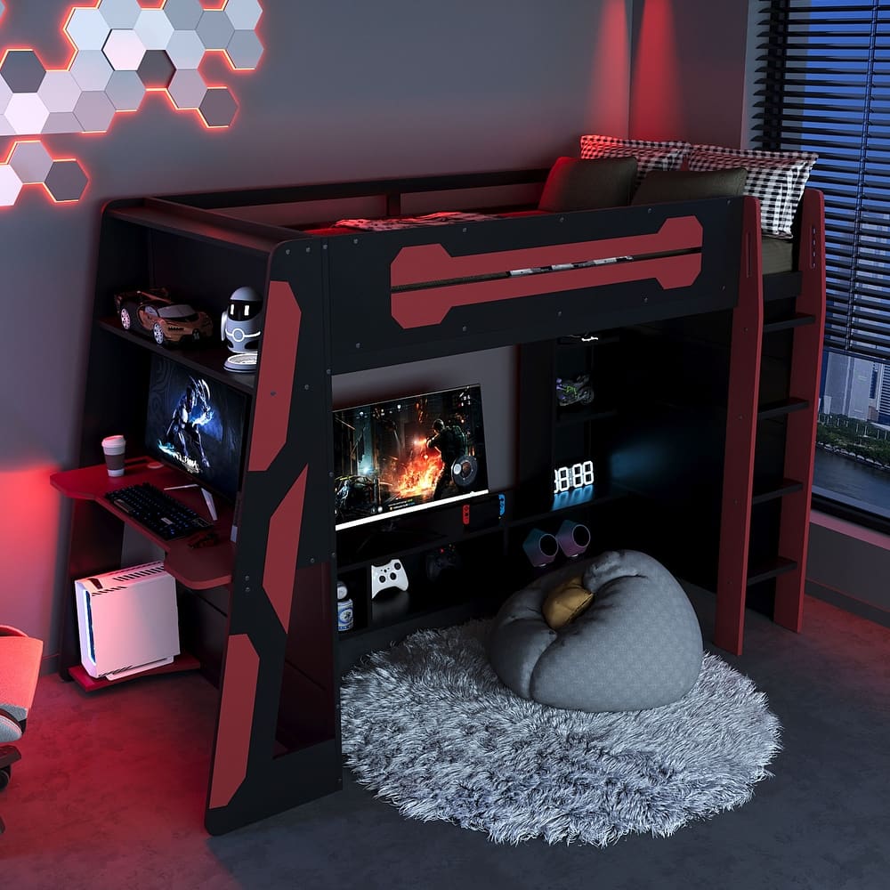 Esports Twin Loft Bed with Desk, Multi-storage Shelves and Light Strip