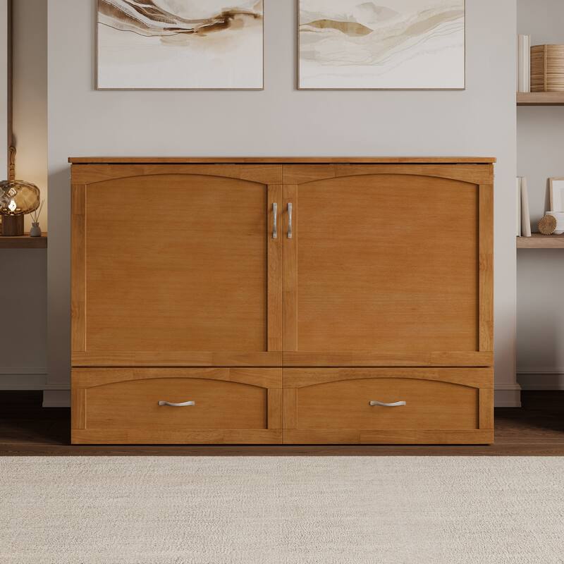 Marion Queen Murphy Bed Chest with 6" Mattress, Storage Drawer & Built-In Charger