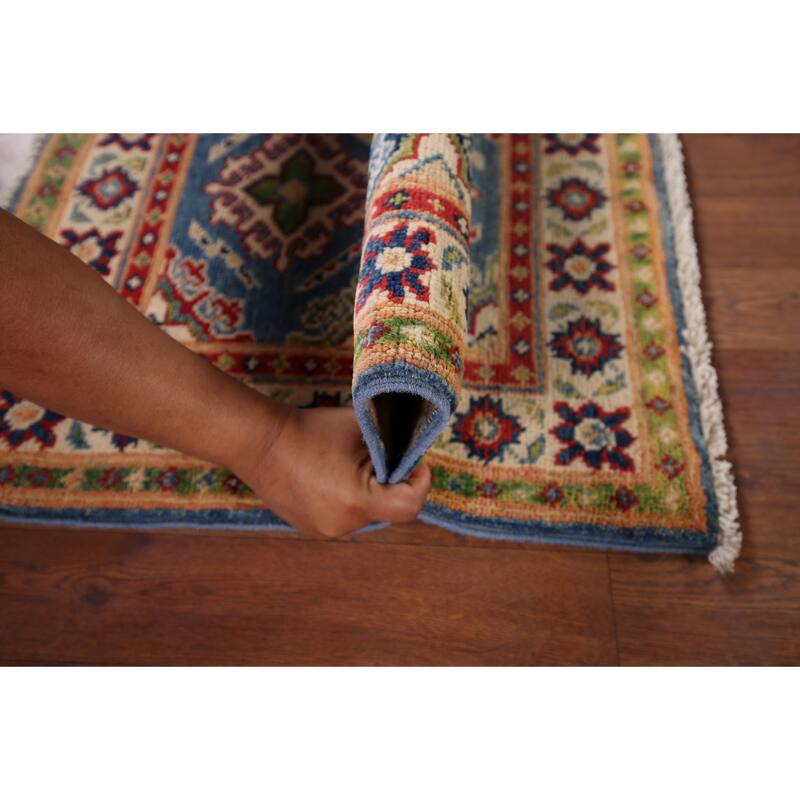 Blue Geometric Kazak Rug Handmade Oriental Wool Carpet - 2'1" x 2'10"