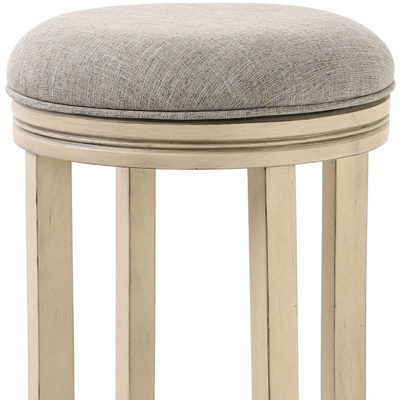 Ivory Wood Swivel Round Bar Stool with Grey Upholstered Seat and Footrest