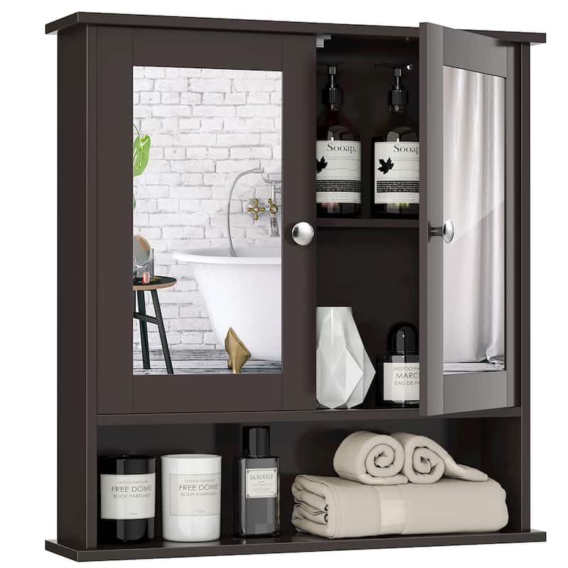 Bathroom Wall Mirror Cabinet with Doors and Shelves - Brown
