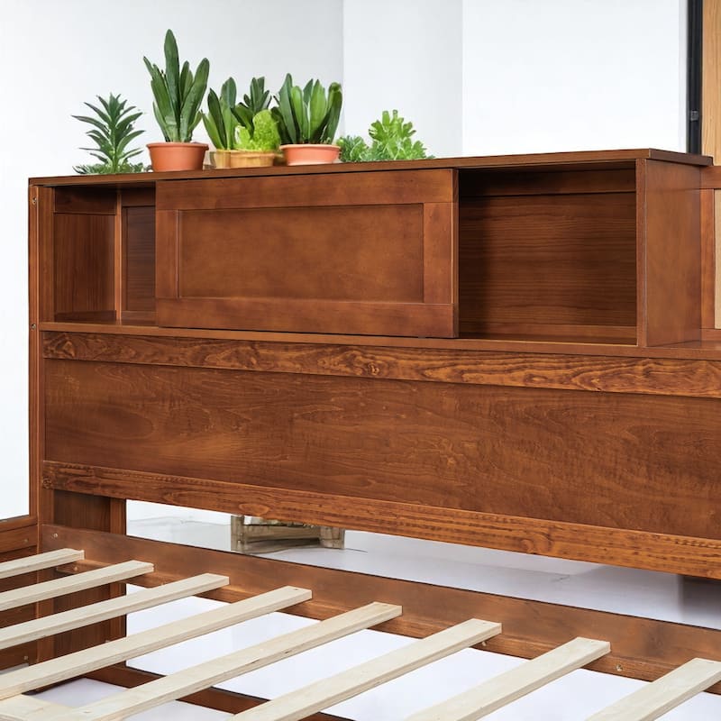 Wood Twin/Full Daybed Frame with Storage Drawers, USB Charging Ports, Shelf, and Headboard Organizer