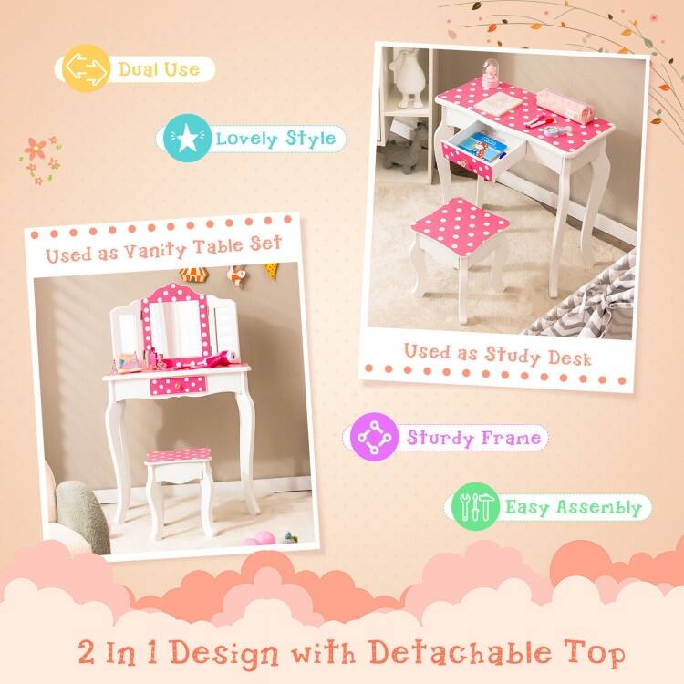 Kids Vanity Table and Stool Set with Cute Polka Dot Print-Pink - N/A