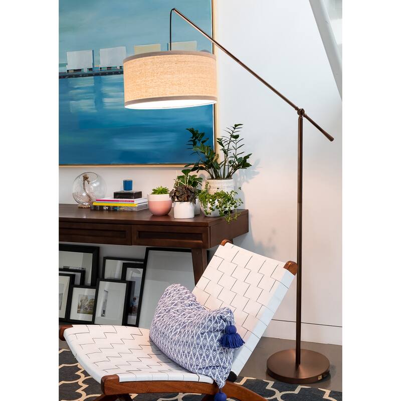 Brightech Hudson 2 70 in. Oil Brushed Bronze Modern Height Adjustable LED Floor Lamp with Beige Fabric Drum Shade