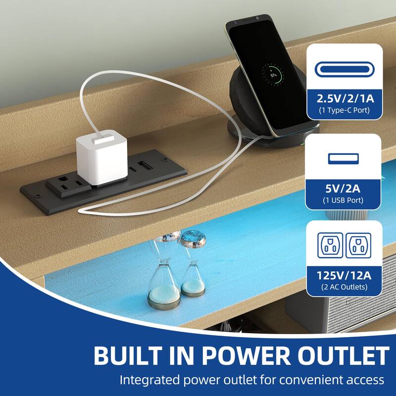 Moasis Upholstered Bed Frame with Storage Headboard And Charging Station and LED Light