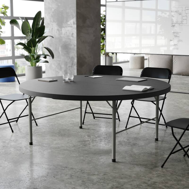 5.89-Foot Round Bi-Fold Plastic Banquet Folding Table with Handle - 70.75"D x 70.75"W x 29"H