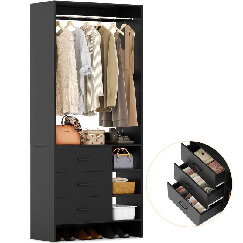 Cimly 30'' W Freestanding Closet Sytem with Hanging Rod, Closet Organizer with Drawers and Shelves - Black