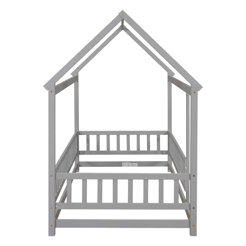 Grey Twin Size Wooden Floor Bed with House Roof Frame and Guardrails