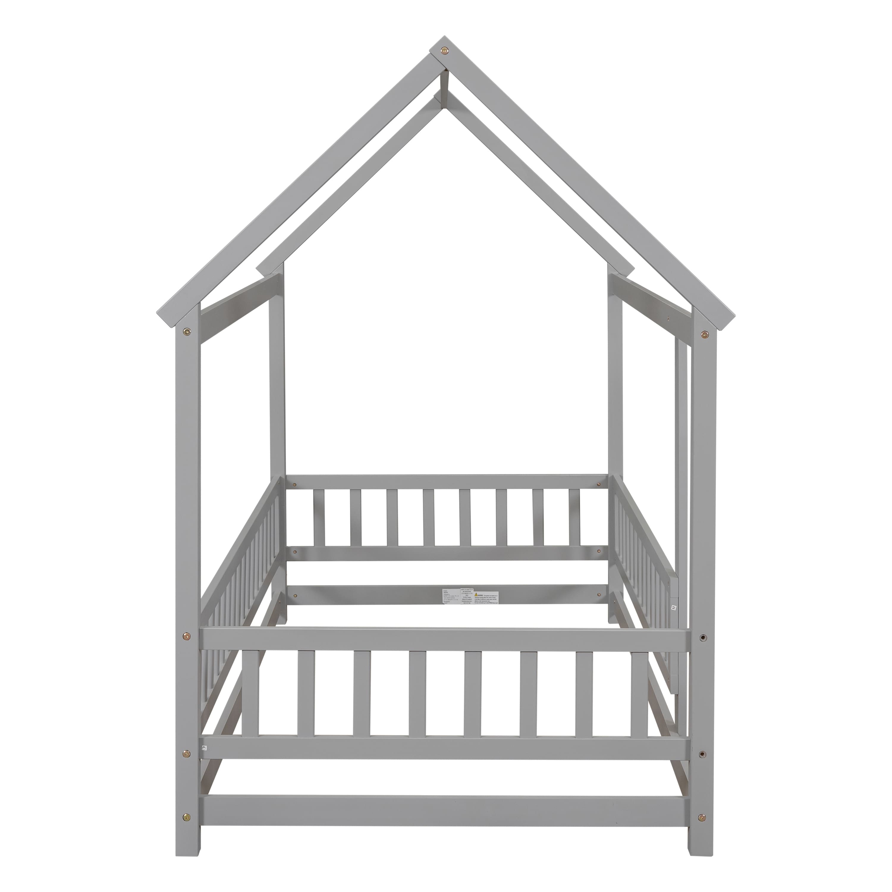 Pine Wood House Frame Floor Bed with Fence Design and Easy Assembly