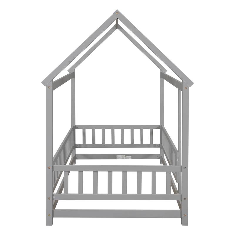 Wooden Floor Bed with House Roof & Guardrails