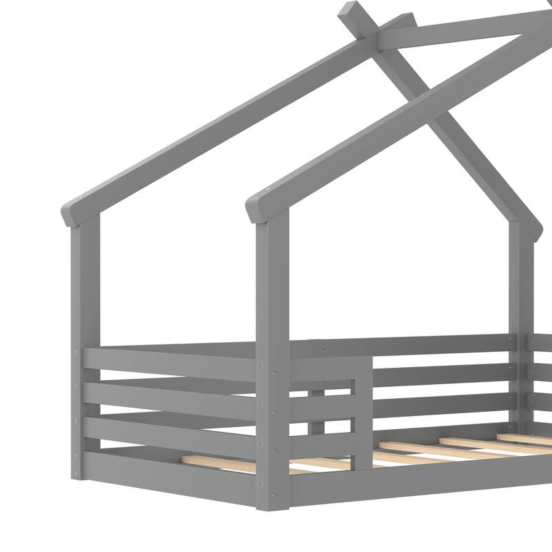 Wooden House Floor Bed, Modern Kids Montessori Playhouse Bed Frame with Window and Roof