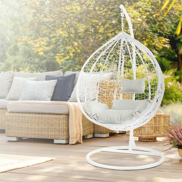 slide 2 of 21, Wicker Rattan Hanging Swing Chair with White Metal Stand and Grey Cushion Grey
