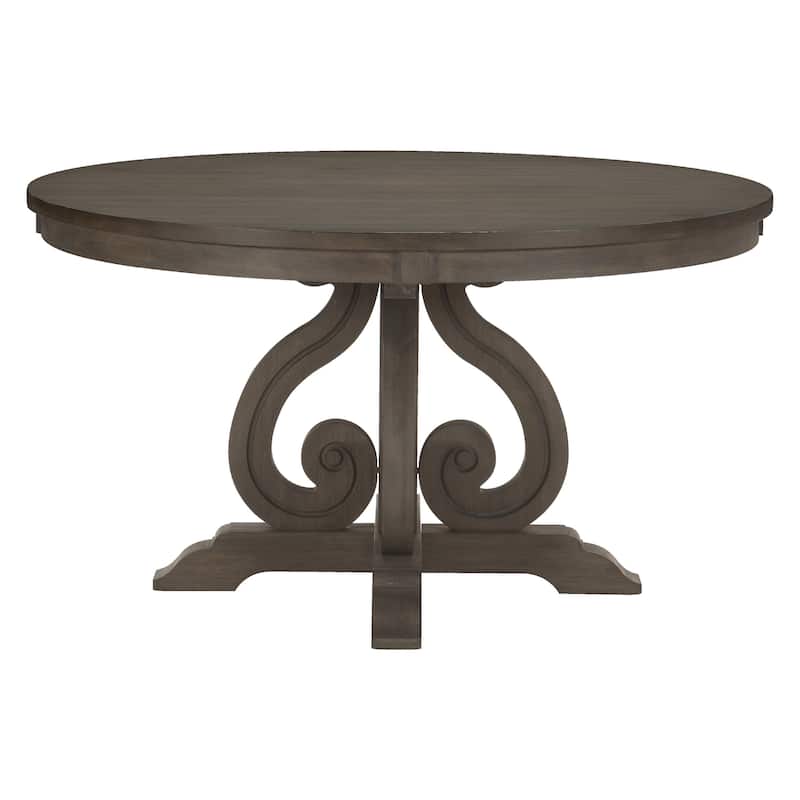 Luon 54 Inch Dining Table, 6 Seater Round Top, Scrolled Metal Base, Brown