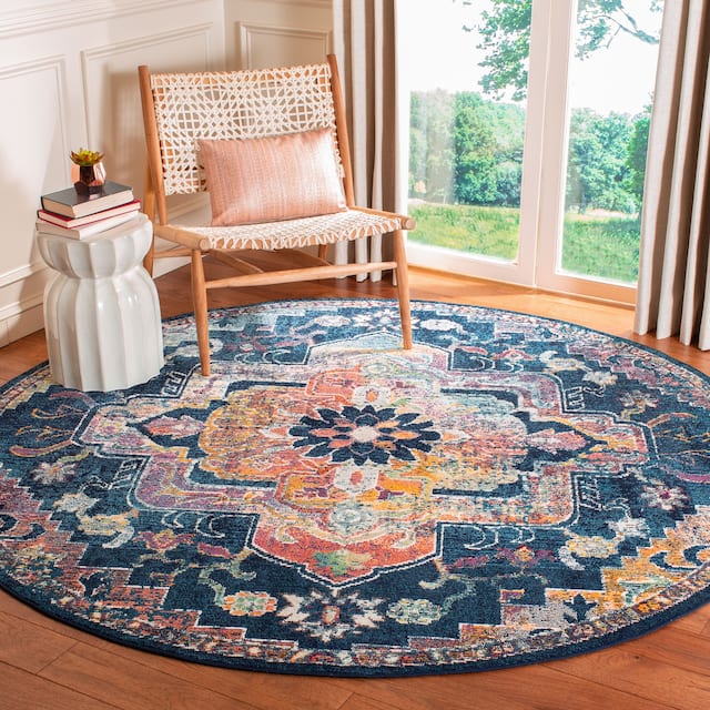 SAFAVIEH Crystal Floretta Vintage Boho Medallion Rug - 8' Round - Navy/Fuchsia