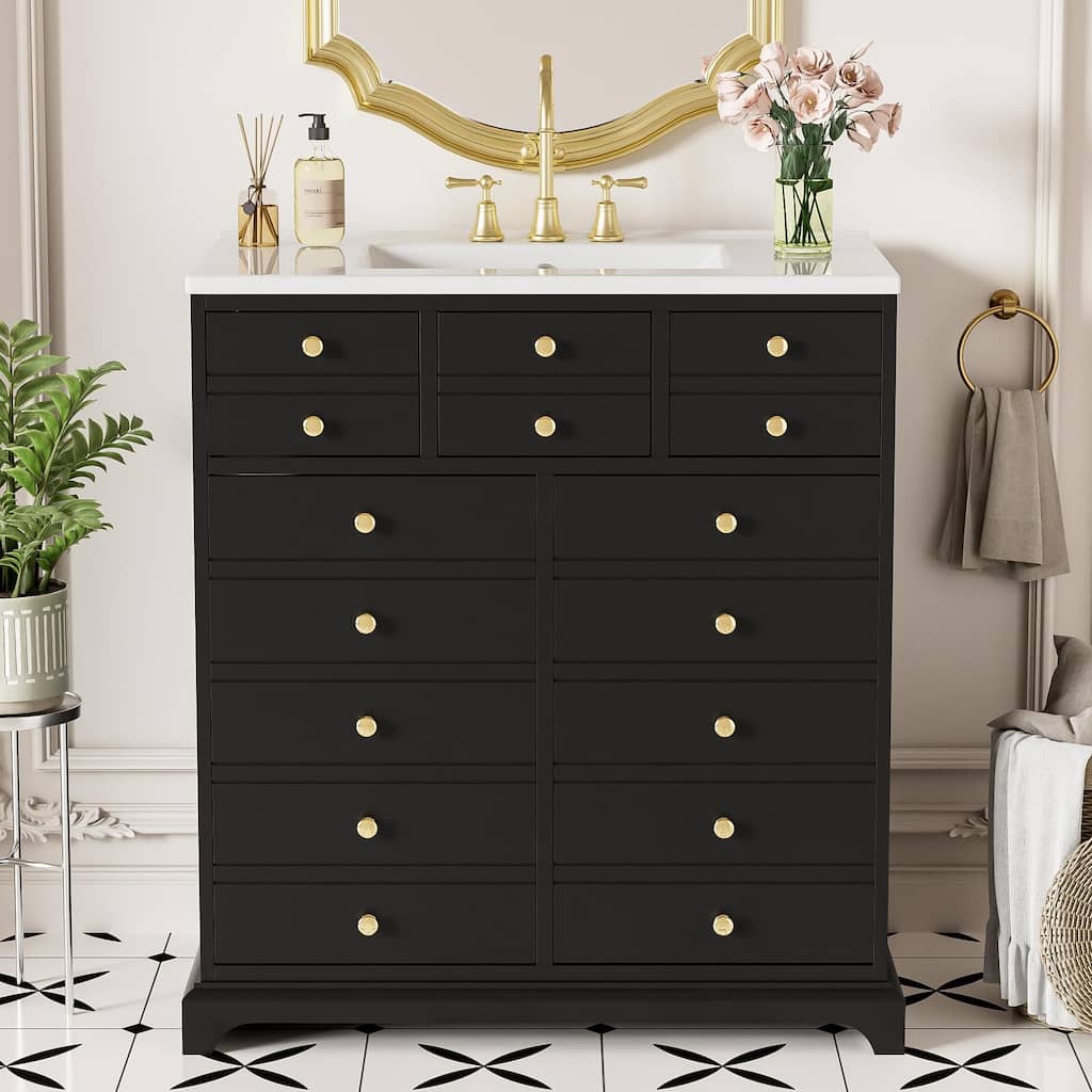 30" Retro Style Bathroom Vanity Storage Cabinet with Sink, 2 Full-Extension Drawers, Soft-Close Doors and Gold Metal Knobs
