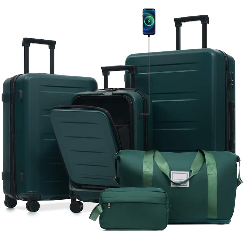Luggage Sets 5 Piece with Front Opening, Hardside Expandable Carry On Suitcase Set with Double Spinner Wheel with USB Port - Dark Green