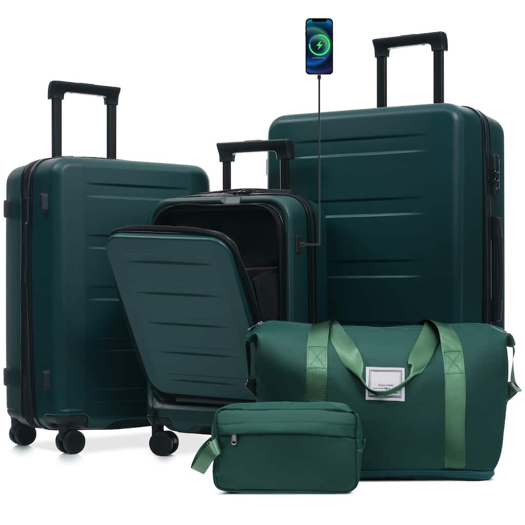 Luggage Sets 5 Piece with Front Opening, Hardside Expandable Carry On Suitcase Set with Double Spinner Wheel with USB Port
