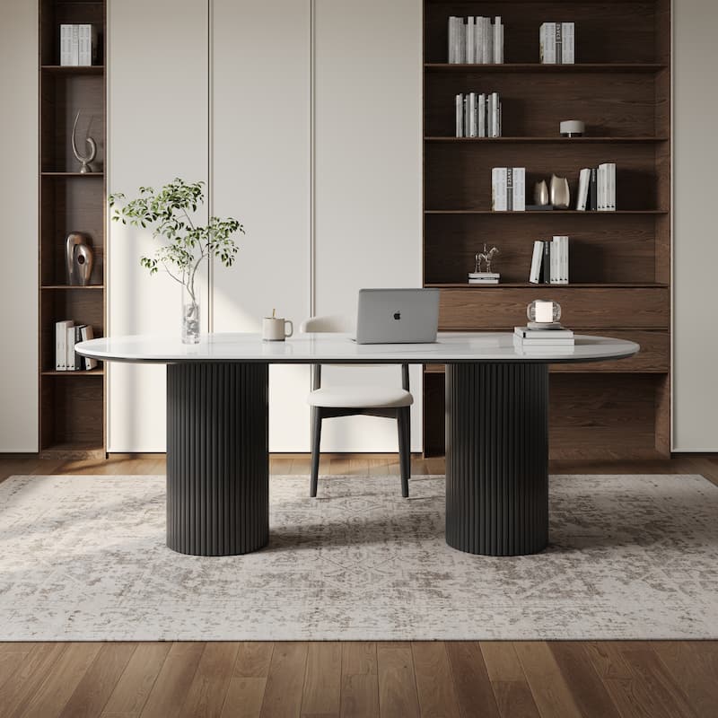 71" Modern Oval Writing Desk,Glossy White Office Table,with Double Solid Wood Legs, 3 Colors Optional