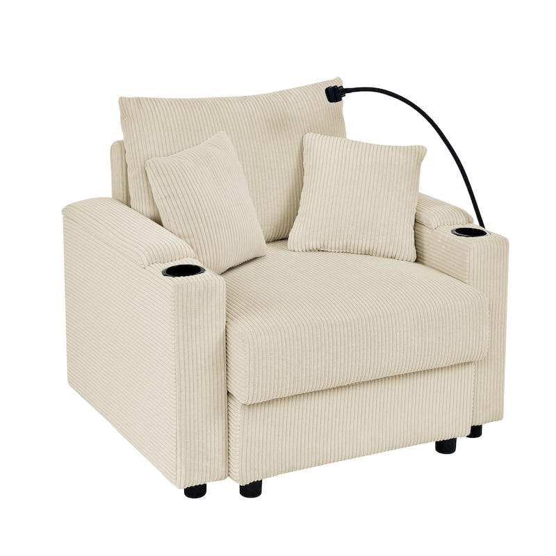 Armchairs Set of 2, Corduroy Upholstered Sofa Accent Chairs with Storage Armrest, Cup Holders and Phone Stand for Living Room