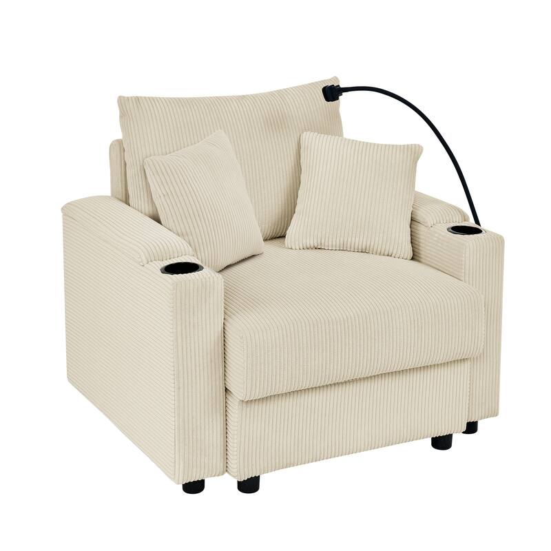 Corduroy Sofa Chair with Storage Armrest, Cup Holders and Phone Stand