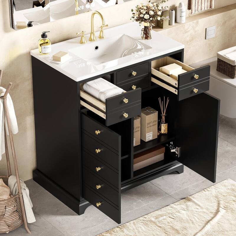 30" Freestanding Vanity - Solid Wood, Ceramic Sink, 2 Drawers & Soft-Close Doors
