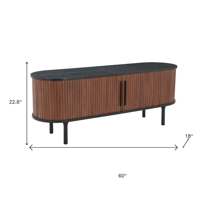 HomeRoots 60" Black And Walnut Wood Ribbed Texture Sideboard with Two Sliding Doors - 60.00 in. x 22.80 in. x 18.00 in.