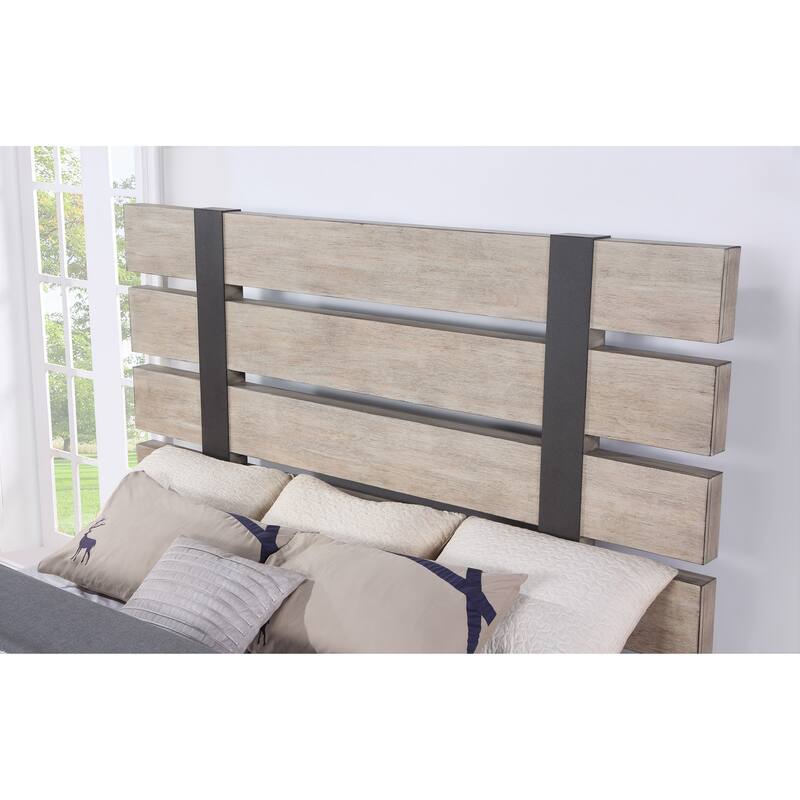 Roundhill Furniture Arbela Wood Slatted Panel Bed with Dresser, Mirror, and Two Nightstands, Weathered Oak Finish