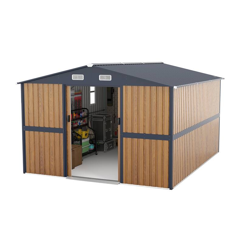10X12 FT Outdoor Steel Storage Shed with Lockable Doors, 2 Windows, Garden Shed Ideal for Backyard, Patio Storage
