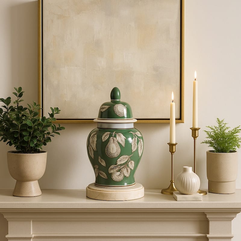 Decorative Bird and Flower Temple Jar with Lid - 10.5"