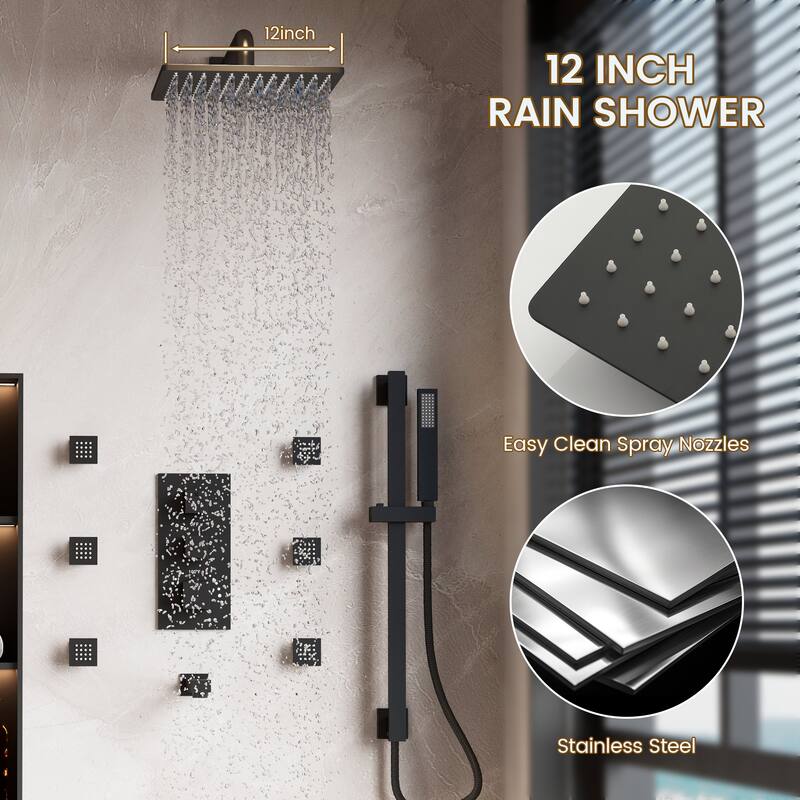 Thermostatic 3-Spray 12 in. Wall Mount Fixed and Handheld Dual Shower Head 2.5 GPM with 6-Body Jets and Adjustable Slide Bar