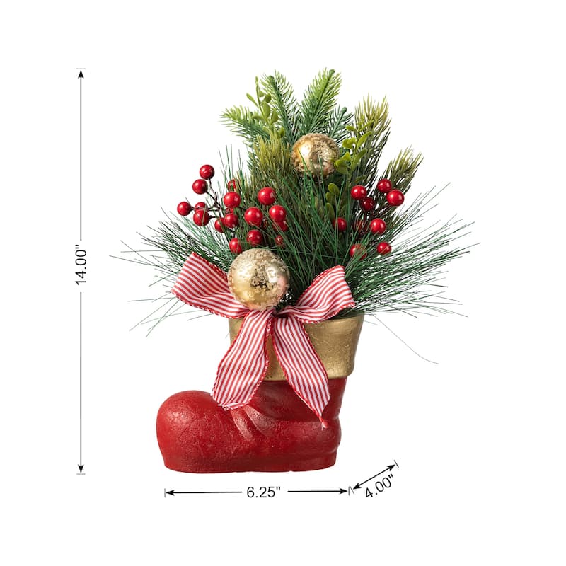 Glitzhome 14"H Artificial Mini Christmas Tree in Red Boot with Pine Needle & Berry Table Centerpiece