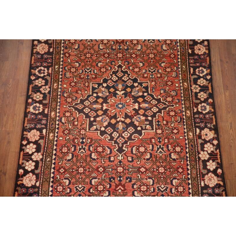 Hand Knotted Oriental 100% Wool Carpet Traditional Medallion Red Hamedan Runner Rug - 11' 0'' X 4' 0''