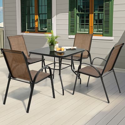 5-Piece Outdoor Dining Set, Textilene Stackable Chairs and Umbrella Hole