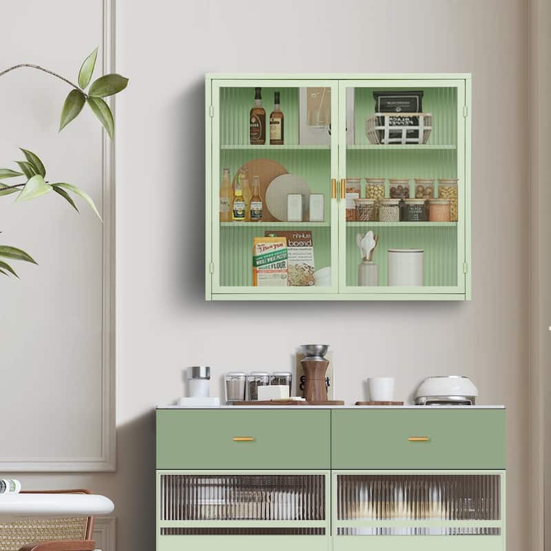 27.56"Glass Doors Modern Two-door Wall Cabinet with Featuring Three-tier Storage for Entryway Living Room Bathroom Dining Room