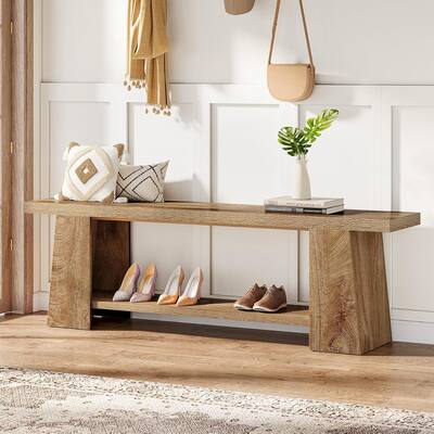 2-Tier Entryway Bench with Storage Shelves for Entryway, Bedroom, Living Room, Natural
