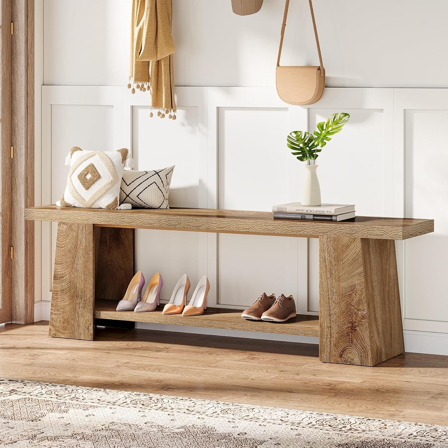 59 Inch Wooden Shoe Bench Entryway Bench with Storage Shelve - 59" W × 11.61" D × 17.32" H