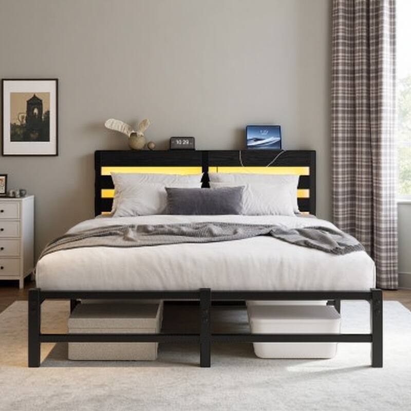 Queen Metal Platform Bed with RGB LED Headboard, USB Charging Ports, Storage Shelf & Underbed Space, No Box Spring Needed - Queen Black - Queen