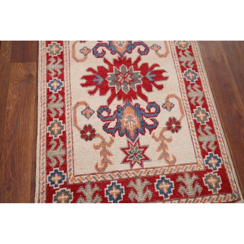 Hand Knotted Oriental 100% Wool Carpet Traditional Geometric Beige & Ivories Kazak Area Rug - 2' 10'' X 1' 10''