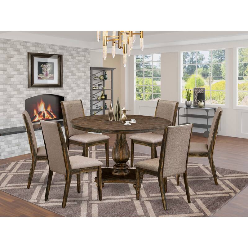 East West Furniture Dining Set- a Round Dining Table and Dark Khaki Linen Fabric Chairs, Distressed Jacobean (Pieces Option) - I2LA7-716