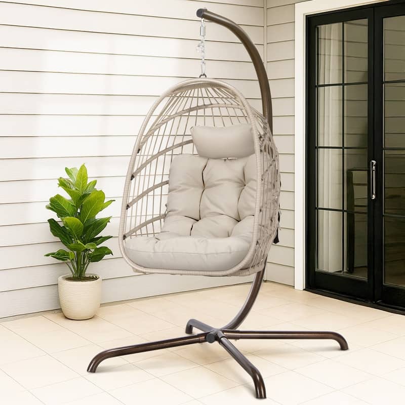FINCATI Outdoor Oversized Luxury Hanging Egg Chair with Stand, 350 lbs Indoor Egg Swing Chair with Stand, Egg Chair Outdoor - Beige