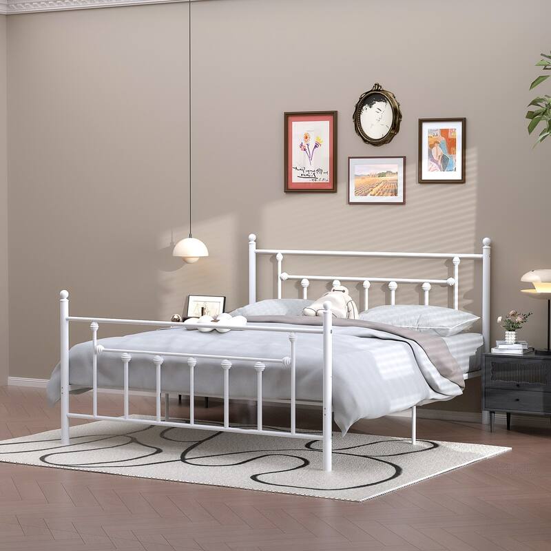 VECELO Metal Platform Bed Frame with Headboard and Footboard, Heavy Duty Slat Support/Underbed Storage Space, Victorian Style