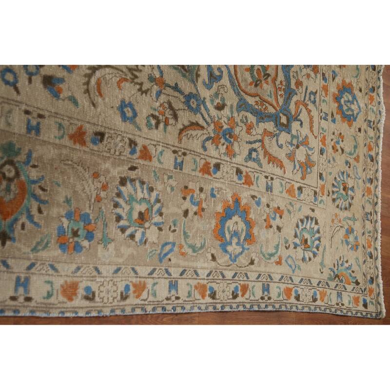 Hand Knotted Oriental 100% Wool Carpet Traditional Floral Beige & Ivories Tabriz Area Rug - 13' 1'' X 9' 9''