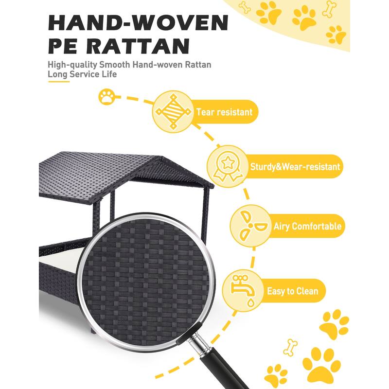 2 In 1 Wicker Pet Bed With Cushion and Canopy, Dog House