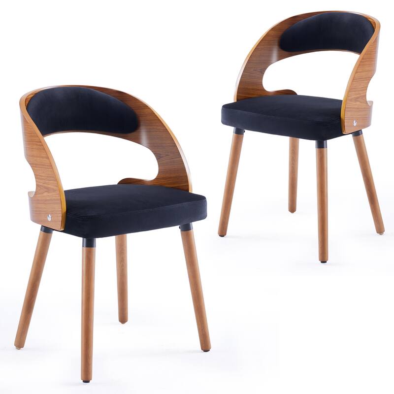 Wood Dining Chairs, Set of 2 Modern Upholstered Dining Chairs with Curved Backrest for Kitchen, Dining Room, Living Room - Black