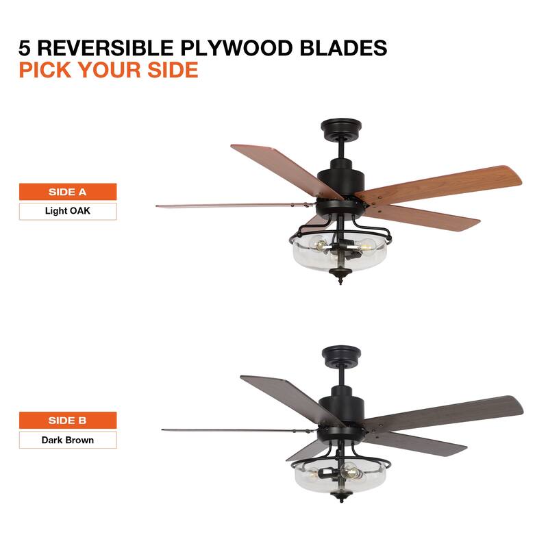 52-in Farmhouse Brown Glass Shade 5-Blade Reversible Ceiling Fan with Light Kit and Remote - 52 Inches