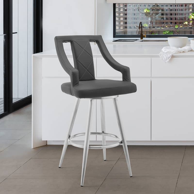 Maxen 26" Grey Faux Leather and Stainless Steel Swivel Counter Stool - Grey - Counter Height