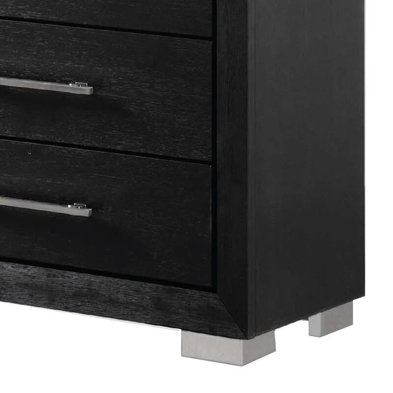Ashen Tall Dresser Chest, 5 Drawers, Black Solid Wood, Chrome Metal