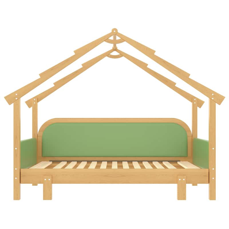 Twin Size Wood Treehouse bed with Soft Cushion Rails for Kids, Teens, Girls, Boys, Green