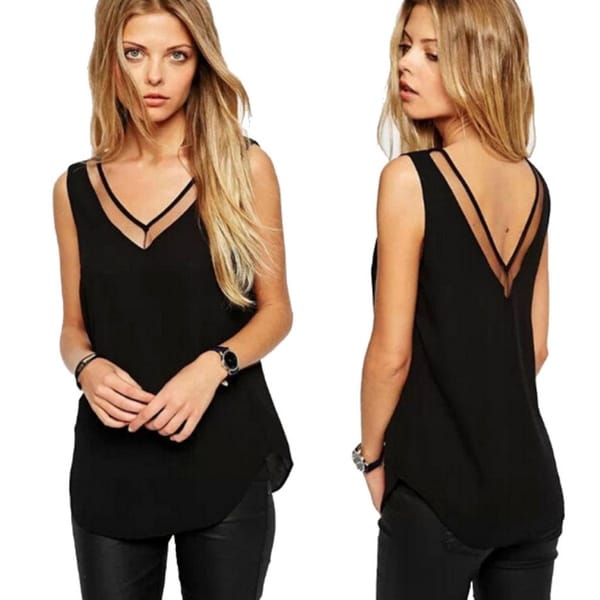 Solid Color V-neck Gauze Stitching Chiffon Shirt